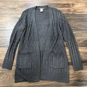 Faded Glory Knit Cardigan Women's Small 4-6 Grey Long With Pockets Cable Knit